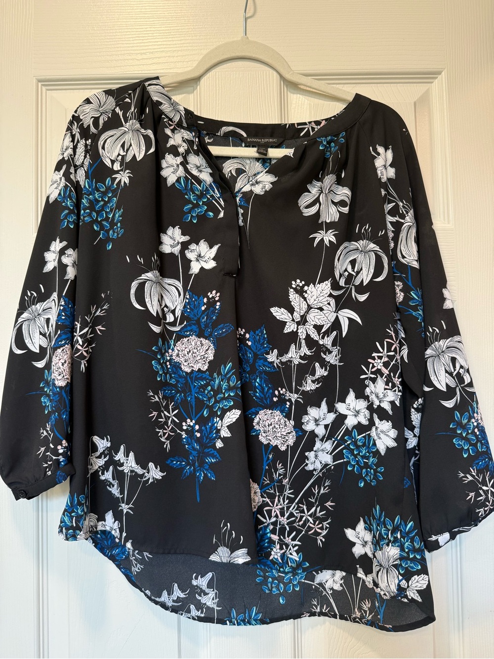 Banana Republic Factory Black Floral Blouse with Blue & White Flowers